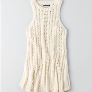 American Eagle Cream Crochet Split-Hem Sweater Tank - XXS